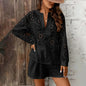 Women's Solid Color Elegant V-Neck Lace Long Sleeve Blouse & Shorts Set