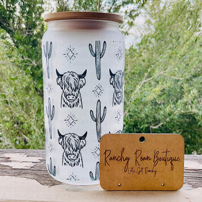 Boho Highlander Western Frosted Glass 16 oz Western Tumbler