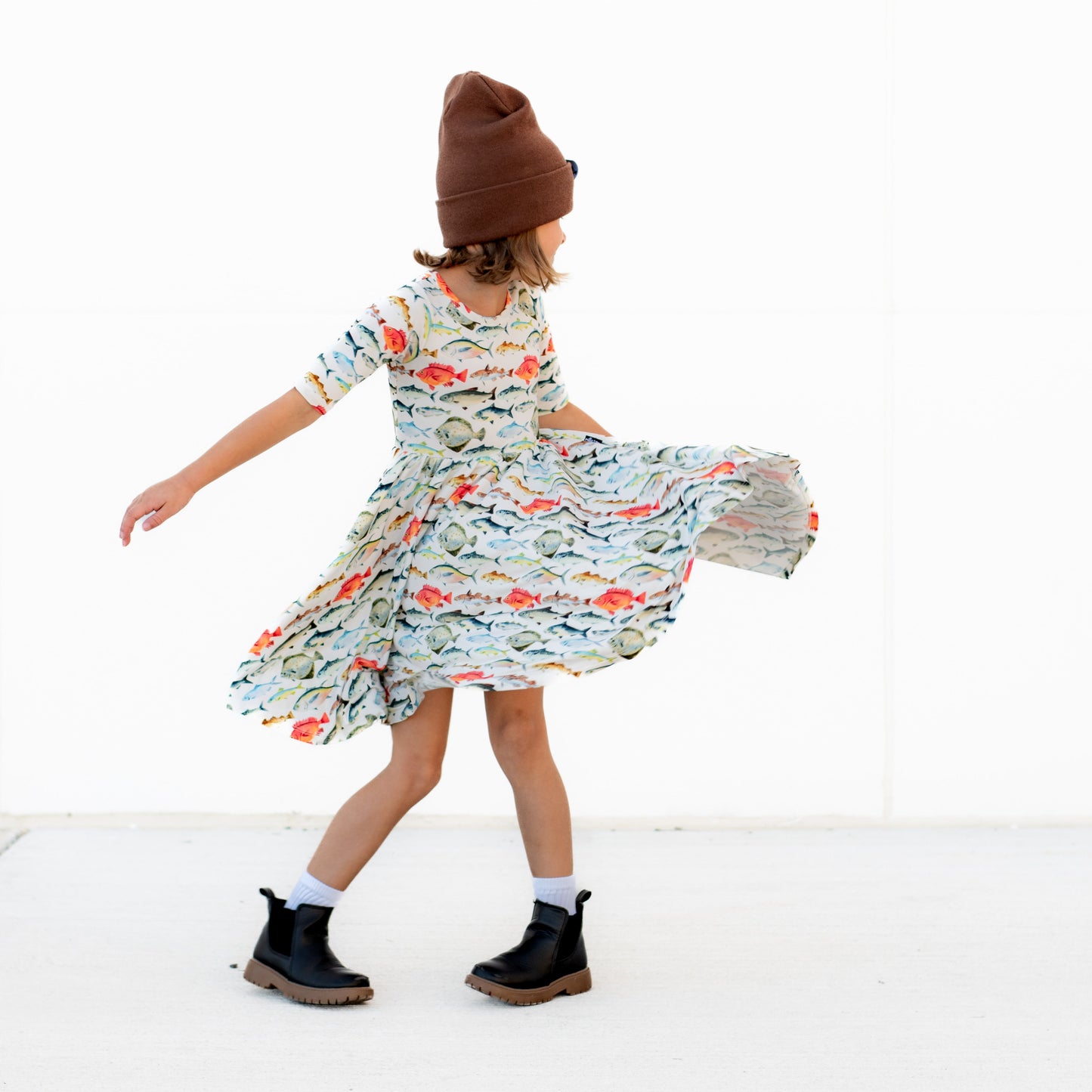 MID SLEEVE TWIRL DRESS- Fishy