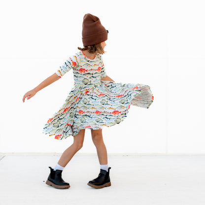 MID SLEEVE TWIRL DRESS- Fishy
