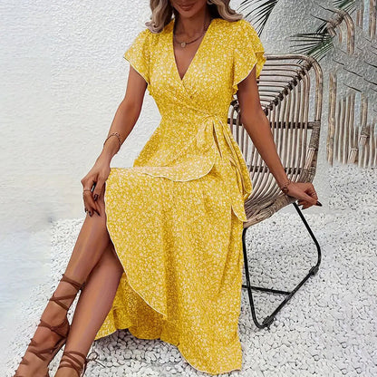 Summer Floral Boho Dress - Short Sleeve Ruffle Flowy Maxi Dresses