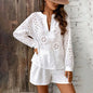 Women's Solid Color Elegant V-Neck Lace Long Sleeve Blouse & Shorts Set